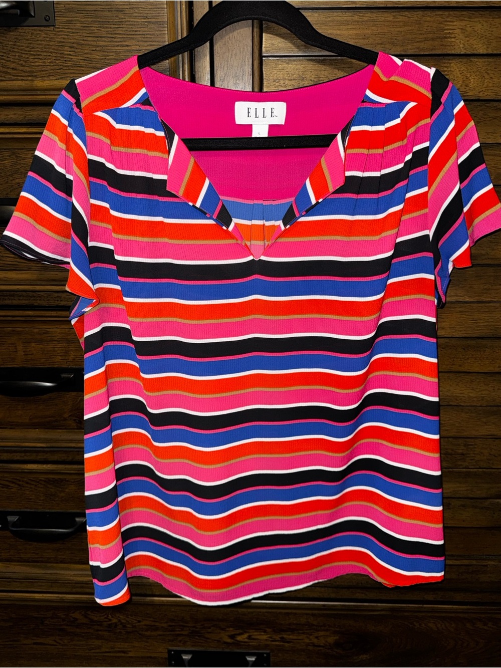 Elle Bright Pink & Multicolor Striped V-Neck Top